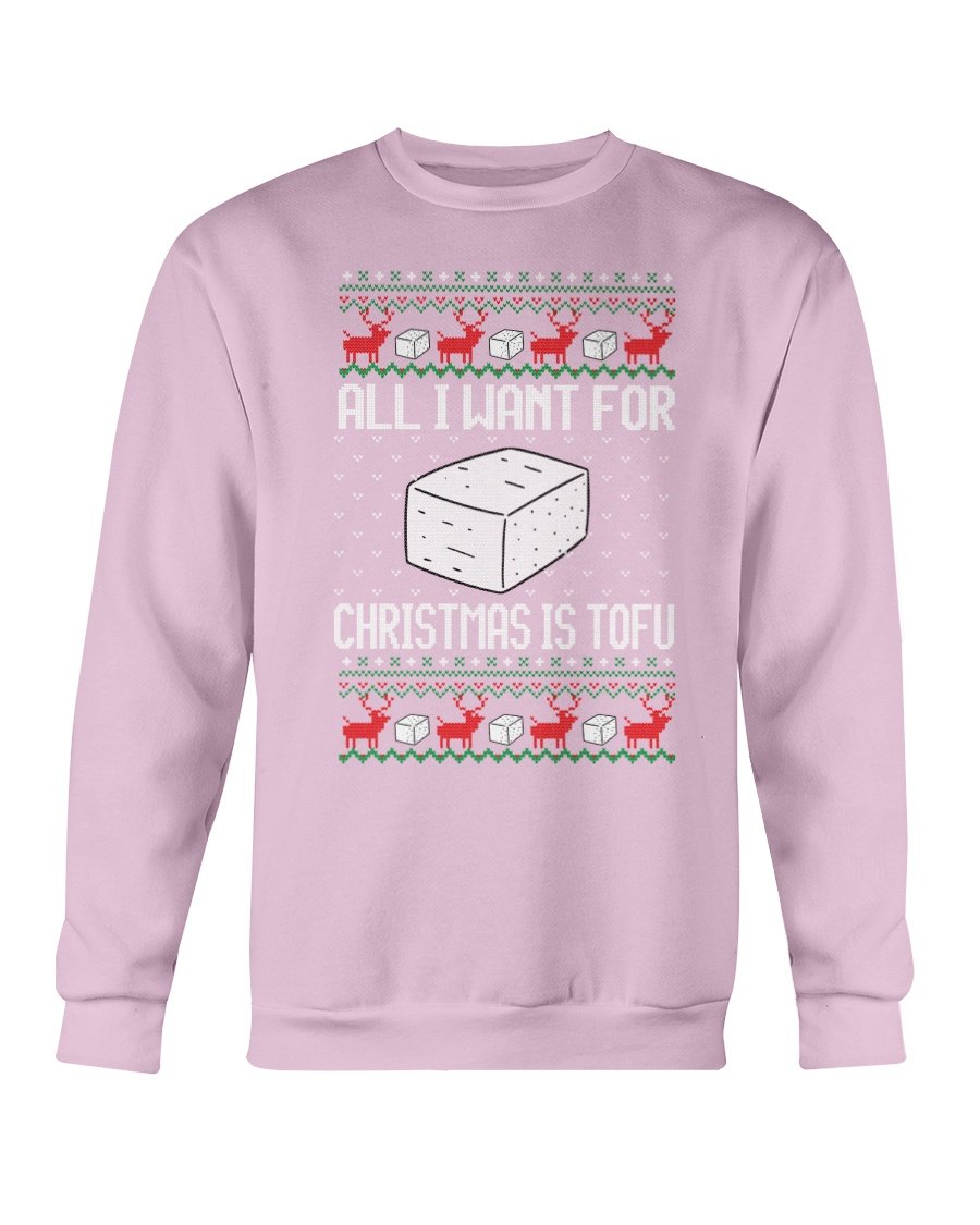 A cozy Gildan crewneck sweatshirt featuring a festive Tofu for Santa design, perfect for Christmas celebrations.