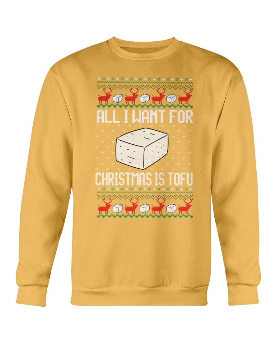 A cozy Gildan crewneck sweatshirt featuring a festive Tofu for Santa design, perfect for Christmas celebrations.