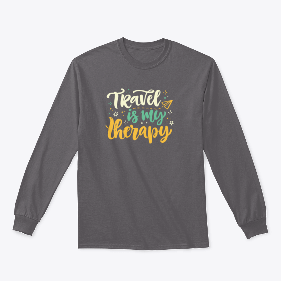 A stylish 'Travel Is My Therapy' shirt design featuring bold lettering, made from soft cotton fabric, perfect for travel enthusiasts.