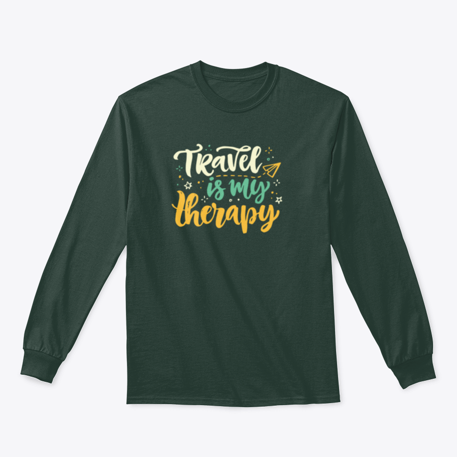 A stylish 'Travel Is My Therapy' shirt design featuring bold lettering, made from soft cotton fabric, perfect for travel enthusiasts.