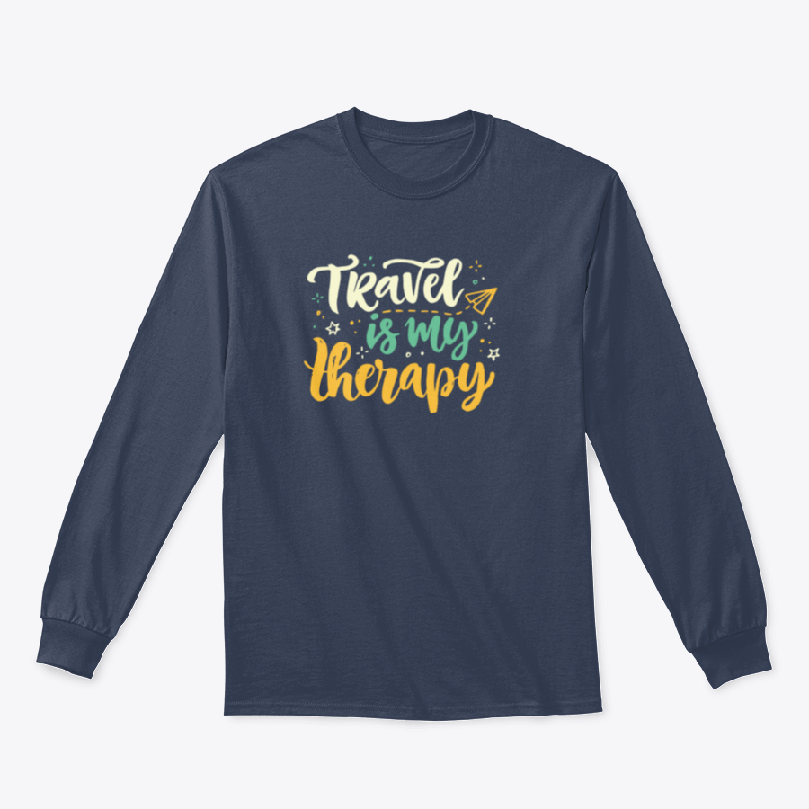 A stylish 'Travel Is My Therapy' shirt design featuring bold lettering, made from soft cotton fabric, perfect for travel enthusiasts.