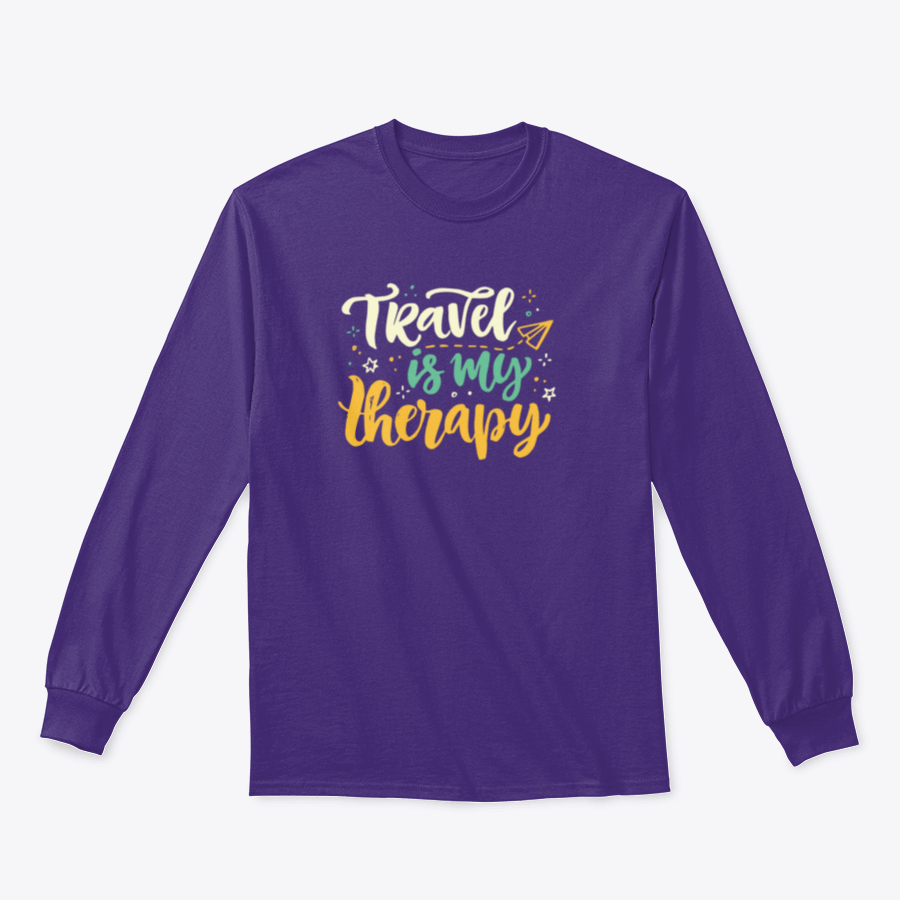 A stylish 'Travel Is My Therapy' shirt design featuring bold lettering, made from soft cotton fabric, perfect for travel enthusiasts.