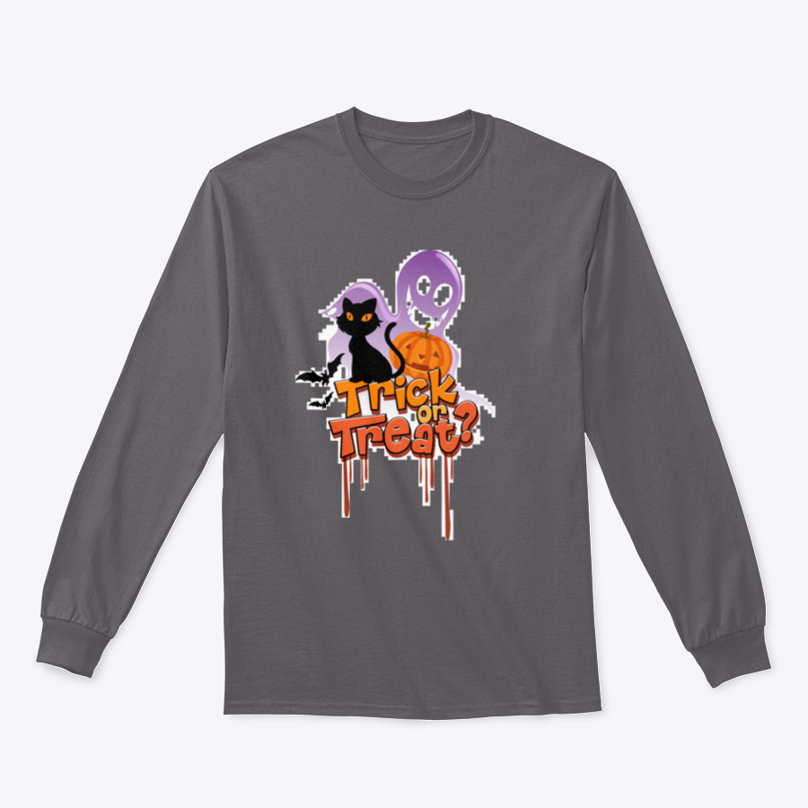 Trick Or Treat Word T-shirt featuring a Halloween cat logo illustration, made from 100% cotton with a classic fit.