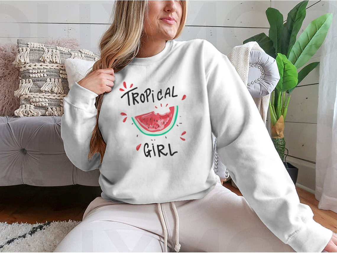 A stylish Tropical Girl Watermelon T-Shirt featuring a vibrant graphic design, made from soft cotton fabric.