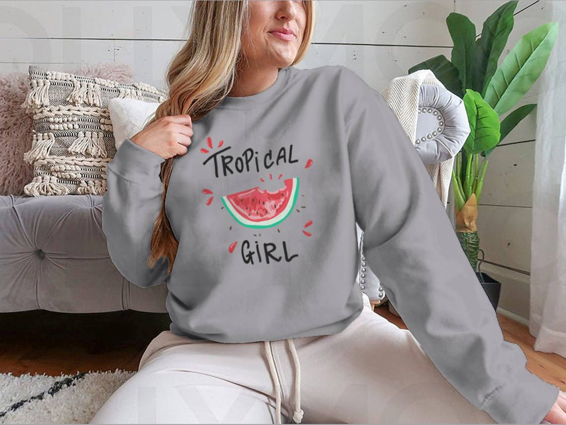 A stylish Tropical Girl Watermelon T-Shirt featuring a vibrant graphic design, made from soft cotton fabric.