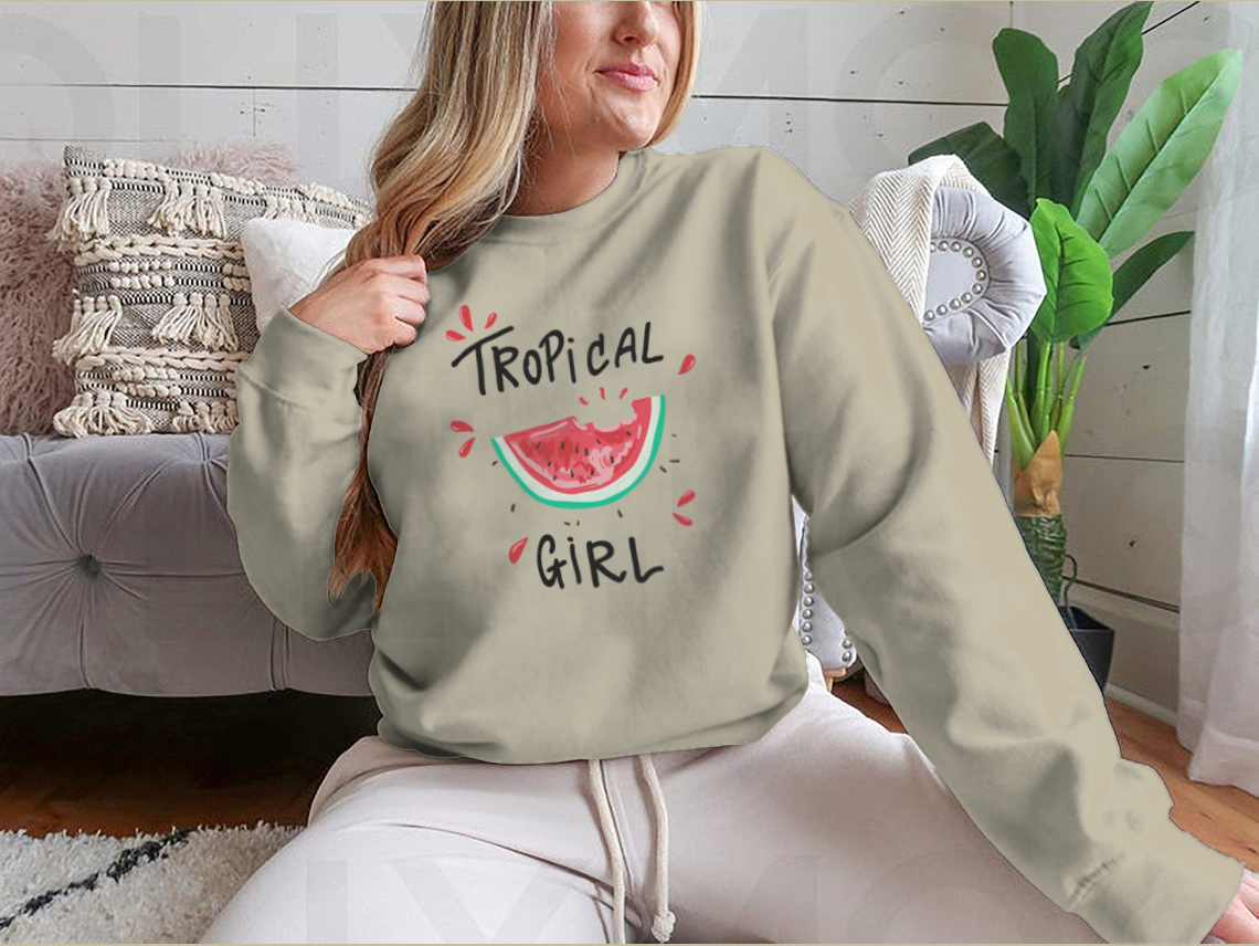 A stylish Tropical Girl Watermelon T-Shirt featuring a vibrant graphic design, made from soft cotton fabric.