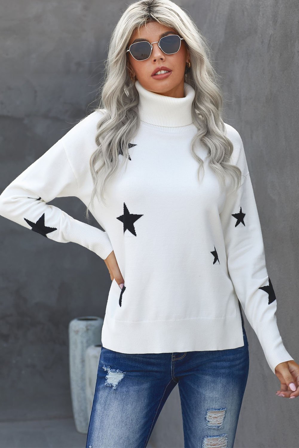 A cozy Turtleneck Star Print Sweater featuring a stylish star pattern, perfect for winter wear.