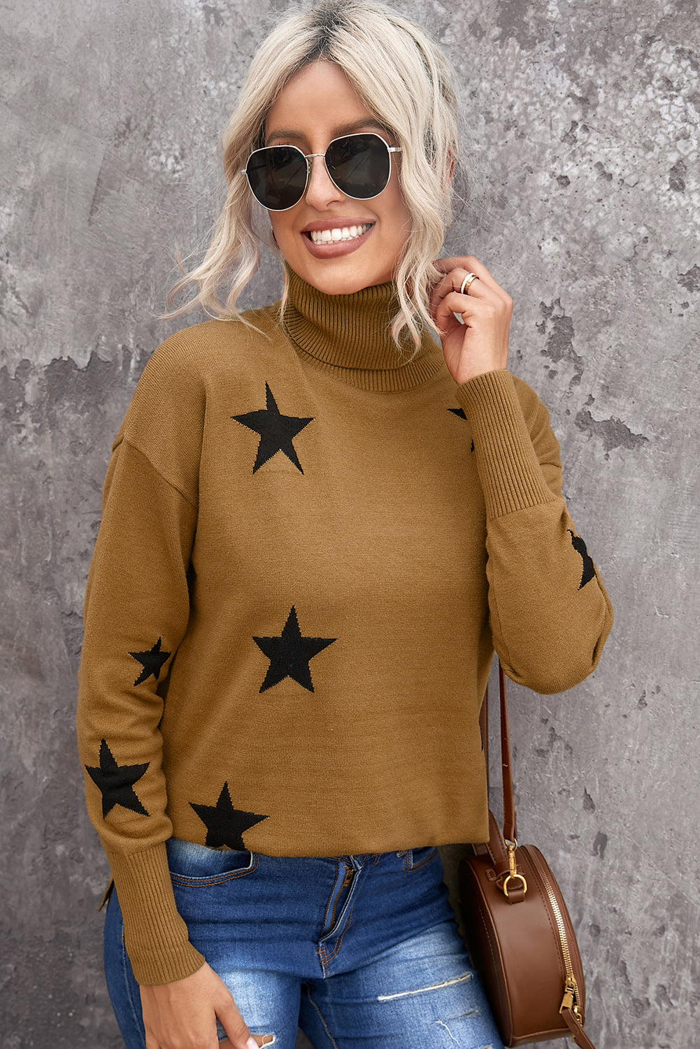 A cozy Turtleneck Star Print Sweater featuring a stylish star pattern, perfect for winter wear.