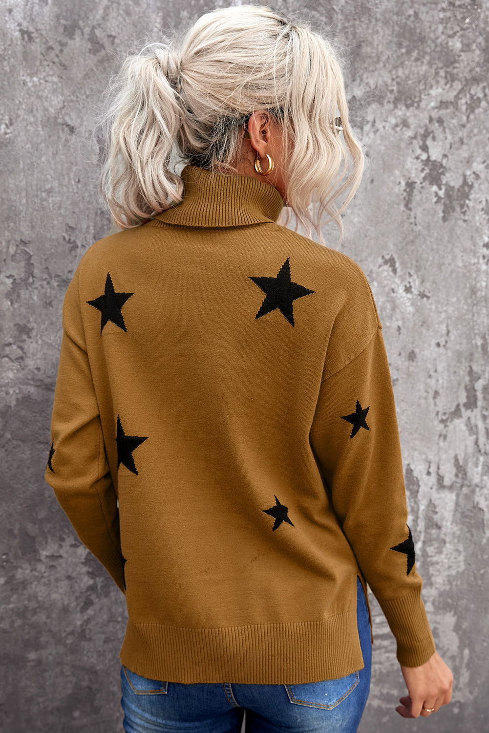 A cozy Turtleneck Star Print Sweater featuring a stylish star pattern, perfect for winter wear.