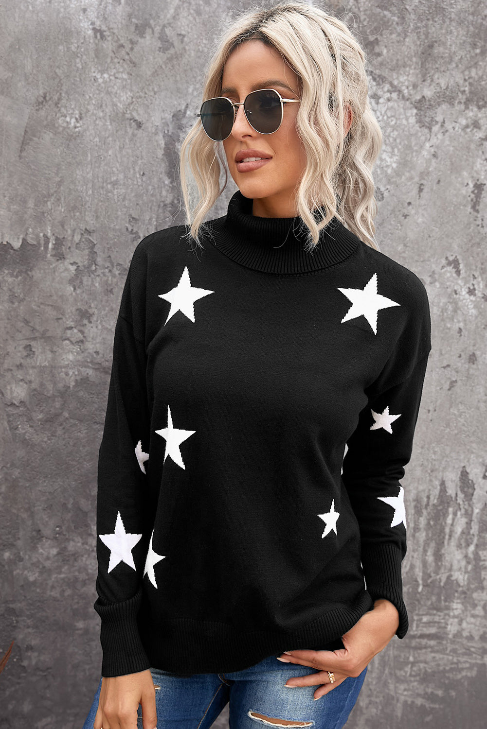 A cozy Turtleneck Star Print Sweater featuring a stylish star pattern, perfect for winter wear.