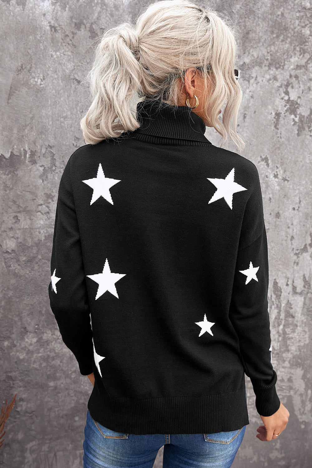 A cozy Turtleneck Star Print Sweater featuring a stylish star pattern, perfect for winter wear.