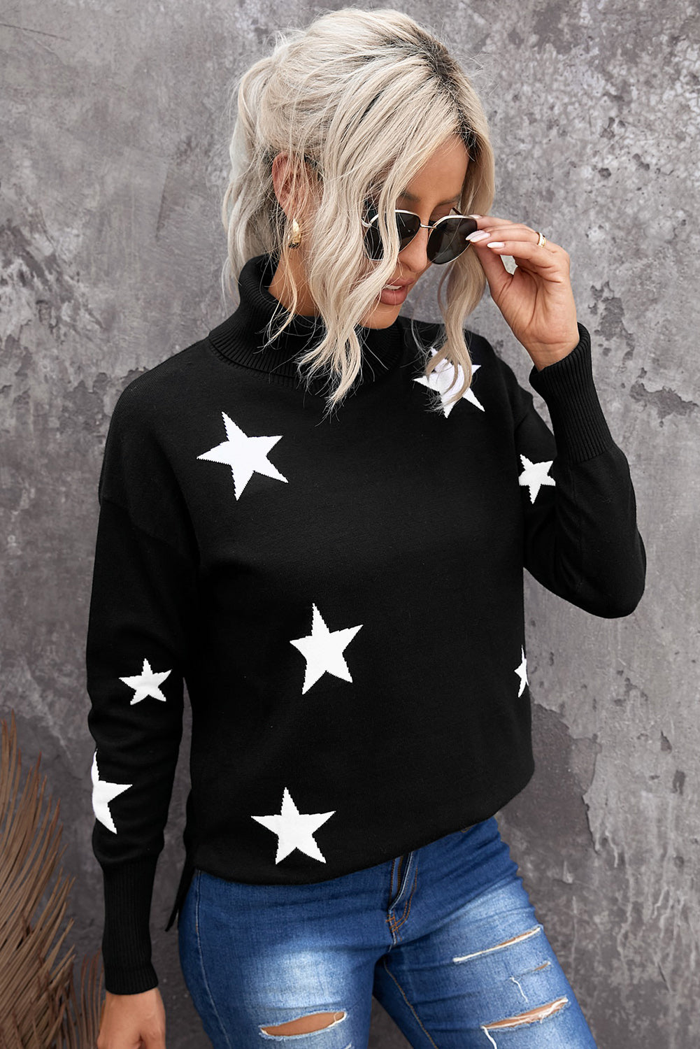A cozy Turtleneck Star Print Sweater featuring a stylish star pattern, perfect for winter wear.