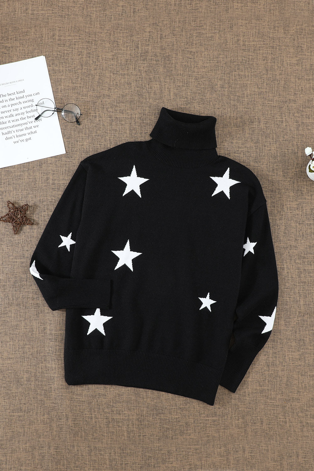 A cozy Turtleneck Star Print Sweater featuring a stylish star pattern, perfect for winter wear.
