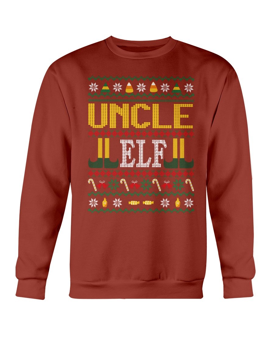Uncle Elf Christmas Sweatshirt featuring a cozy design, perfect for festive celebrations, made from soft cotton-polyester blend.