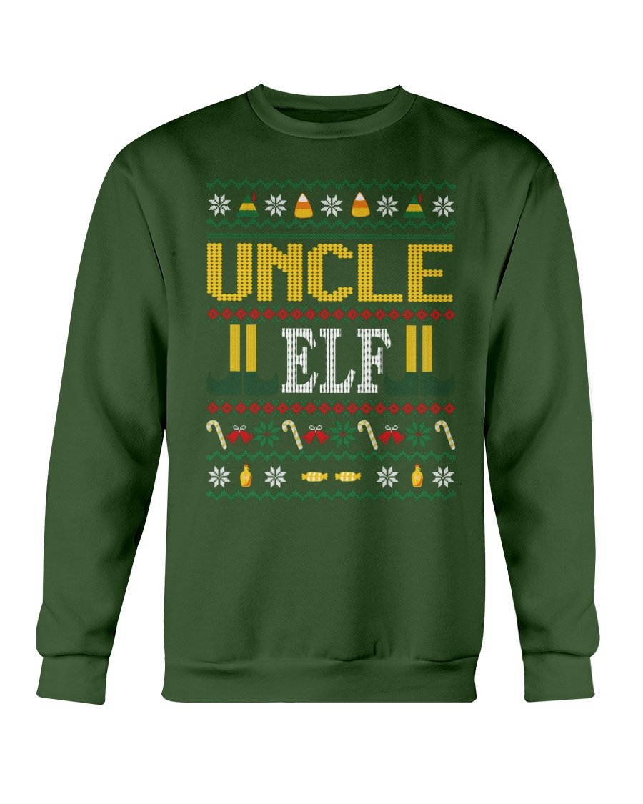 Uncle Elf Christmas Sweatshirt featuring a cozy design, perfect for festive celebrations, made from soft cotton-polyester blend.