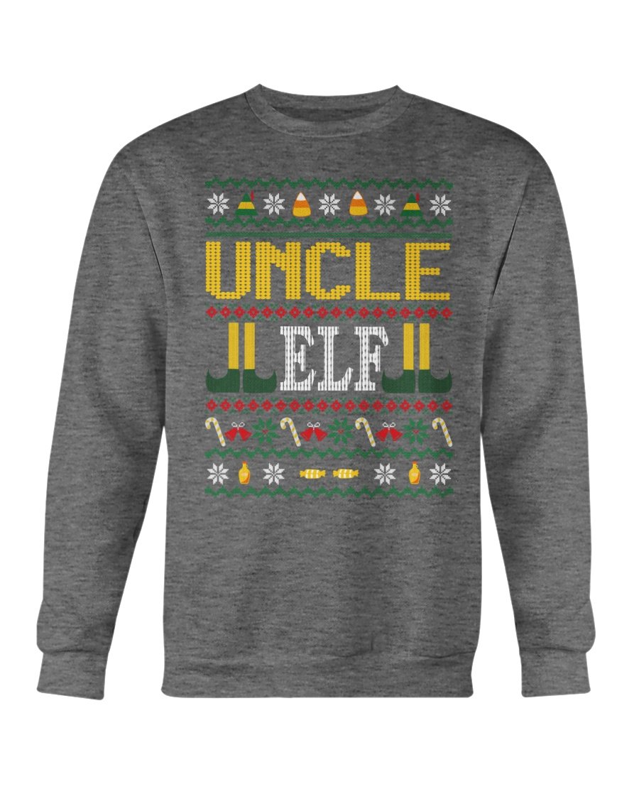 Uncle Elf Christmas Sweatshirt featuring a cozy design, perfect for festive celebrations, made from soft cotton-polyester blend.