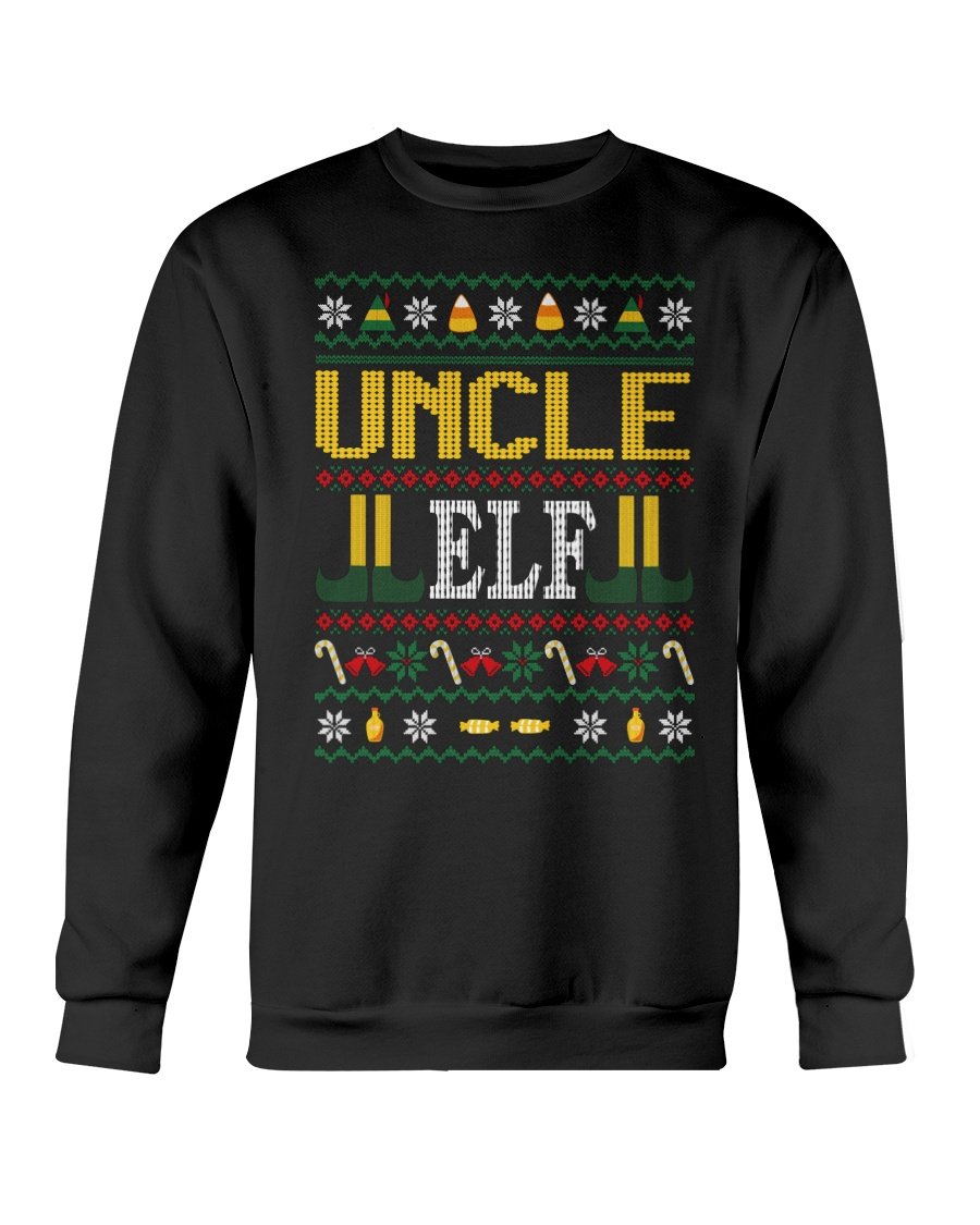 Uncle Elf Christmas Sweatshirt featuring a cozy design, perfect for festive celebrations, made from soft cotton-polyester blend.