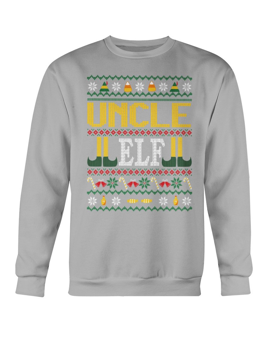 Uncle Elf Christmas Sweatshirt featuring a cozy design, perfect for festive celebrations, made from soft cotton-polyester blend.