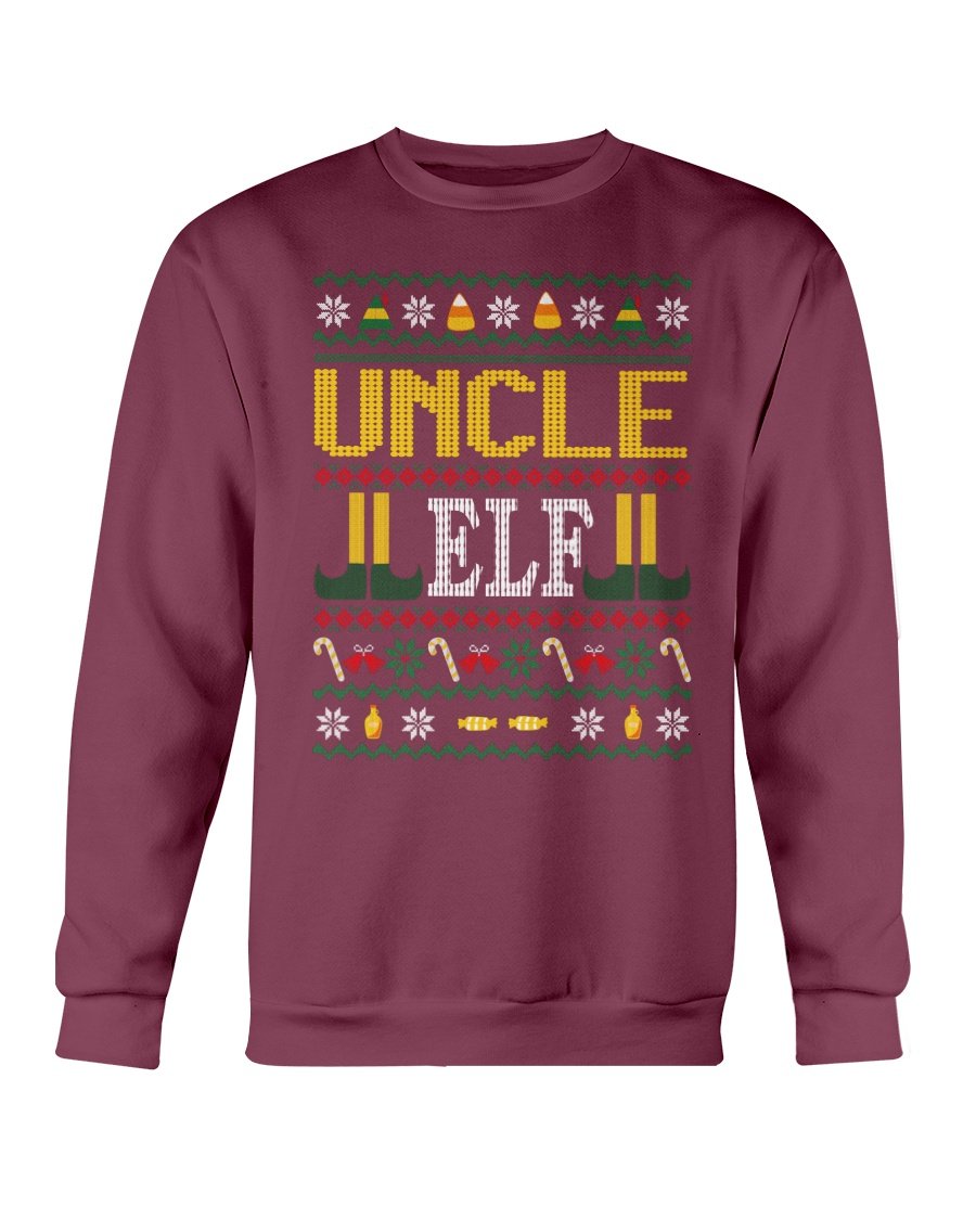 Uncle Elf Christmas Sweatshirt featuring a cozy design, perfect for festive celebrations, made from soft cotton-polyester blend.
