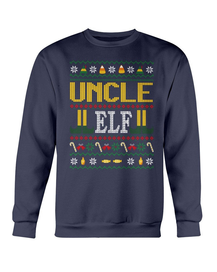 Uncle Elf Christmas Sweatshirt featuring a cozy design, perfect for festive celebrations, made from soft cotton-polyester blend.