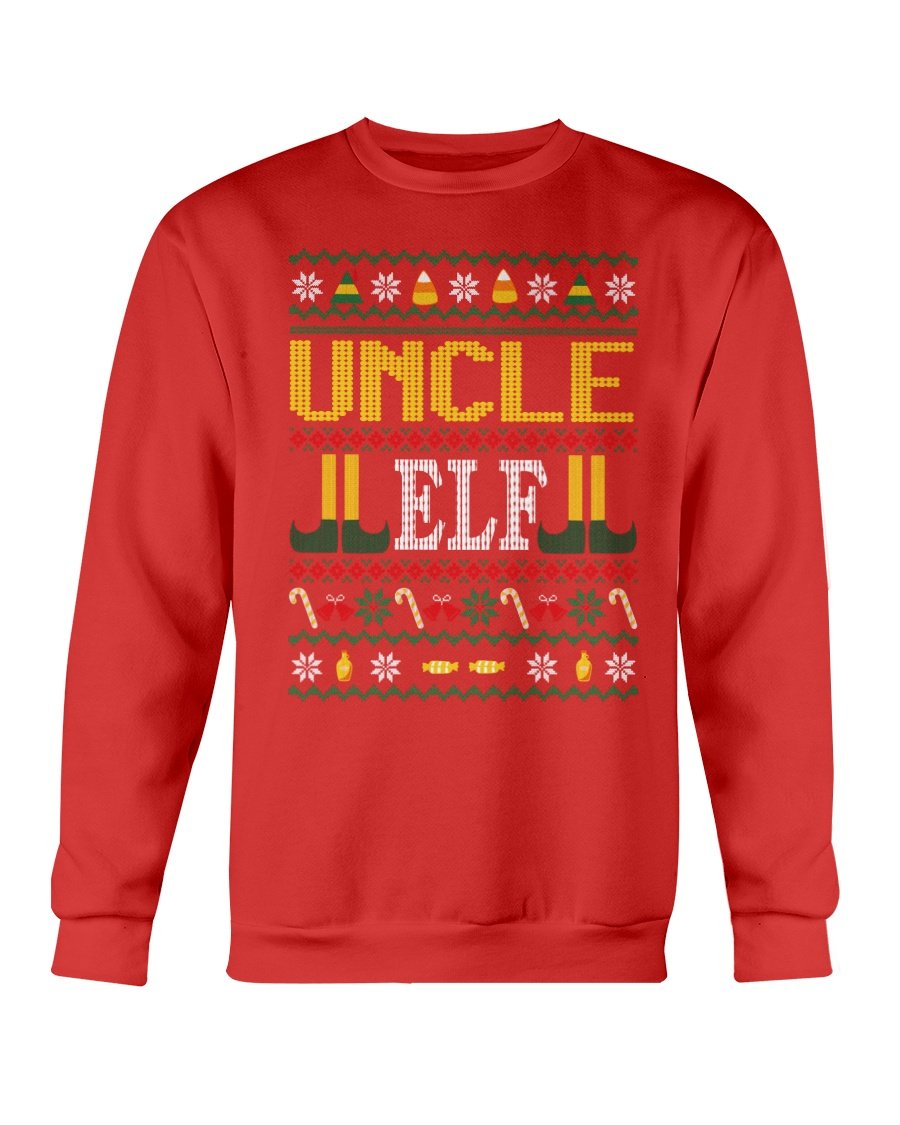 Uncle Elf Christmas Sweatshirt featuring a cozy design, perfect for festive celebrations, made from soft cotton-polyester blend.