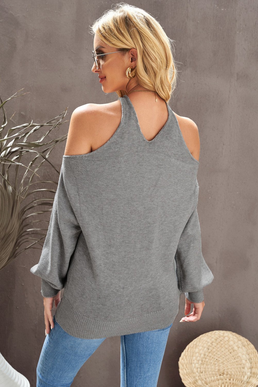 V Neck Cold Shoulder Sweater in gray, featuring a sexy V neck, cold shoulder design, and unique twisted back detail.