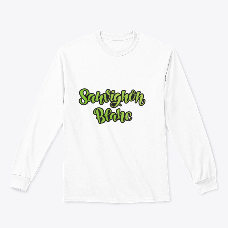 Vector hand lettering design of Sauvignon Blanc on a stylish cotton t-shirt, showcasing the grape variety in an elegant font.