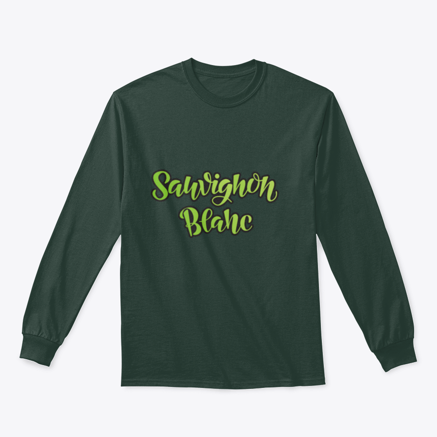 Vector hand lettering design of Sauvignon Blanc on a stylish cotton t-shirt, showcasing the grape variety in an elegant font.