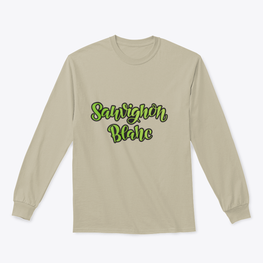 Vector hand lettering design of Sauvignon Blanc on a stylish cotton t-shirt, showcasing the grape variety in an elegant font.