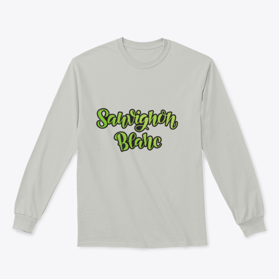 Vector hand lettering design of Sauvignon Blanc on a stylish cotton t-shirt, showcasing the grape variety in an elegant font.