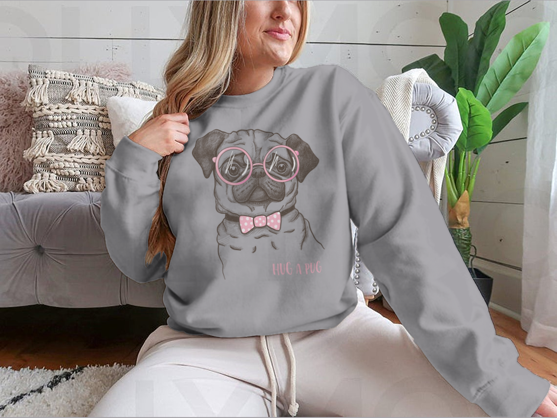 A stylish t-shirt featuring a hand-drawn funny pug illustration, showcasing its fashionable design and comfortable fit.