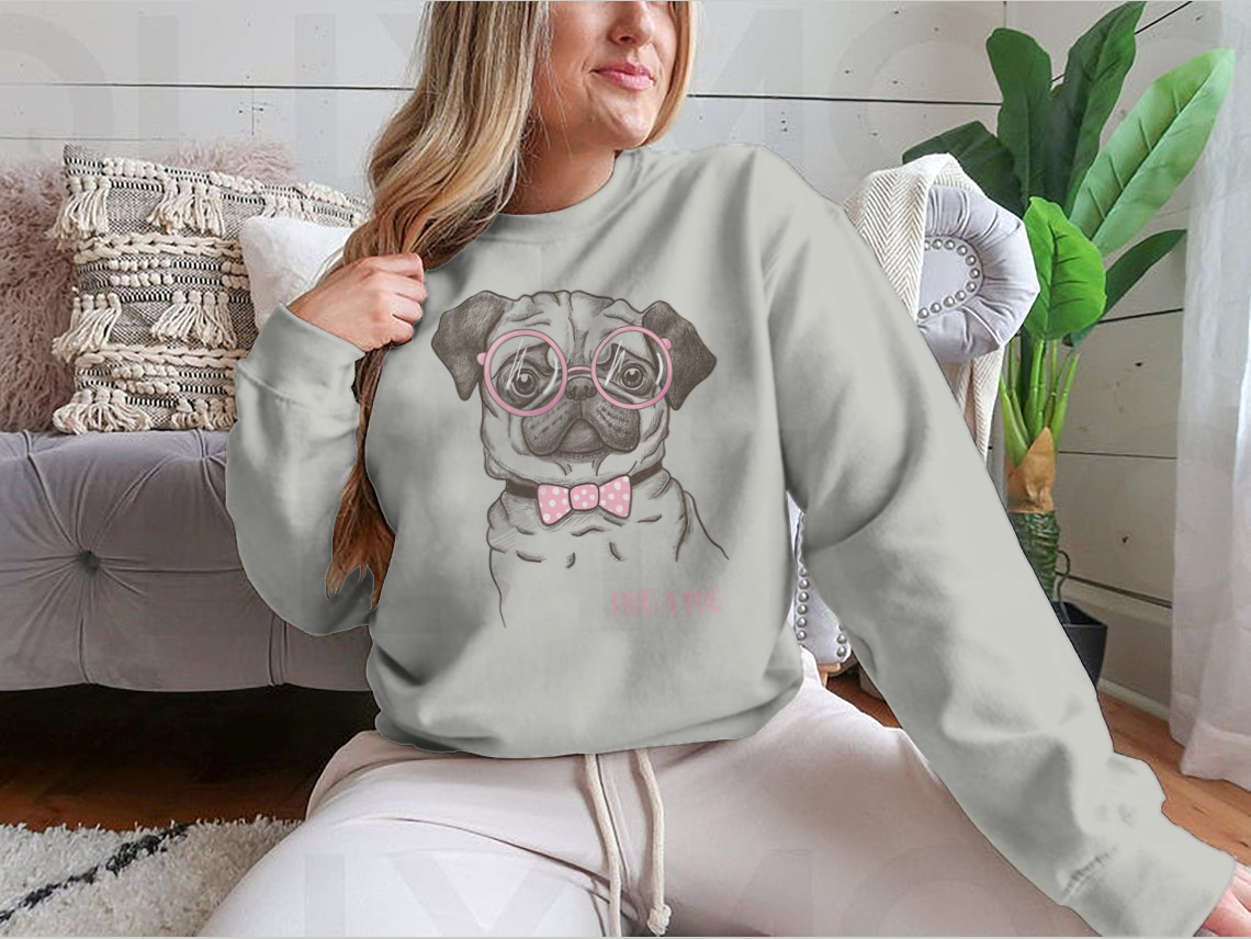 A stylish t-shirt featuring a hand-drawn funny pug illustration, showcasing its fashionable design and comfortable fit.