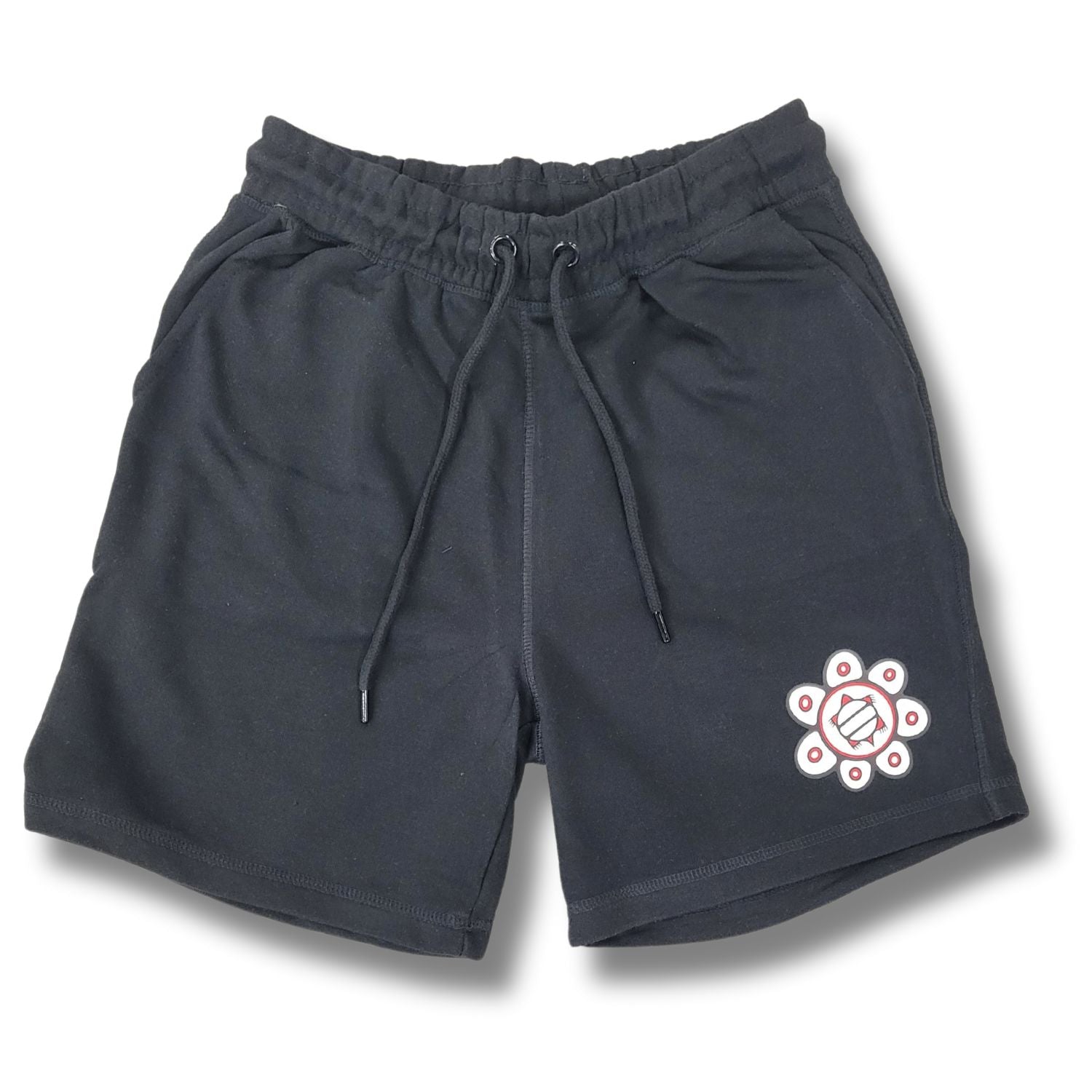 White Mikanaak Floral Shorts featuring a woodland floral print designed by Anishinaabe artist Mishiikenhkwe, showcasing vibrant colors and comfortable fit.