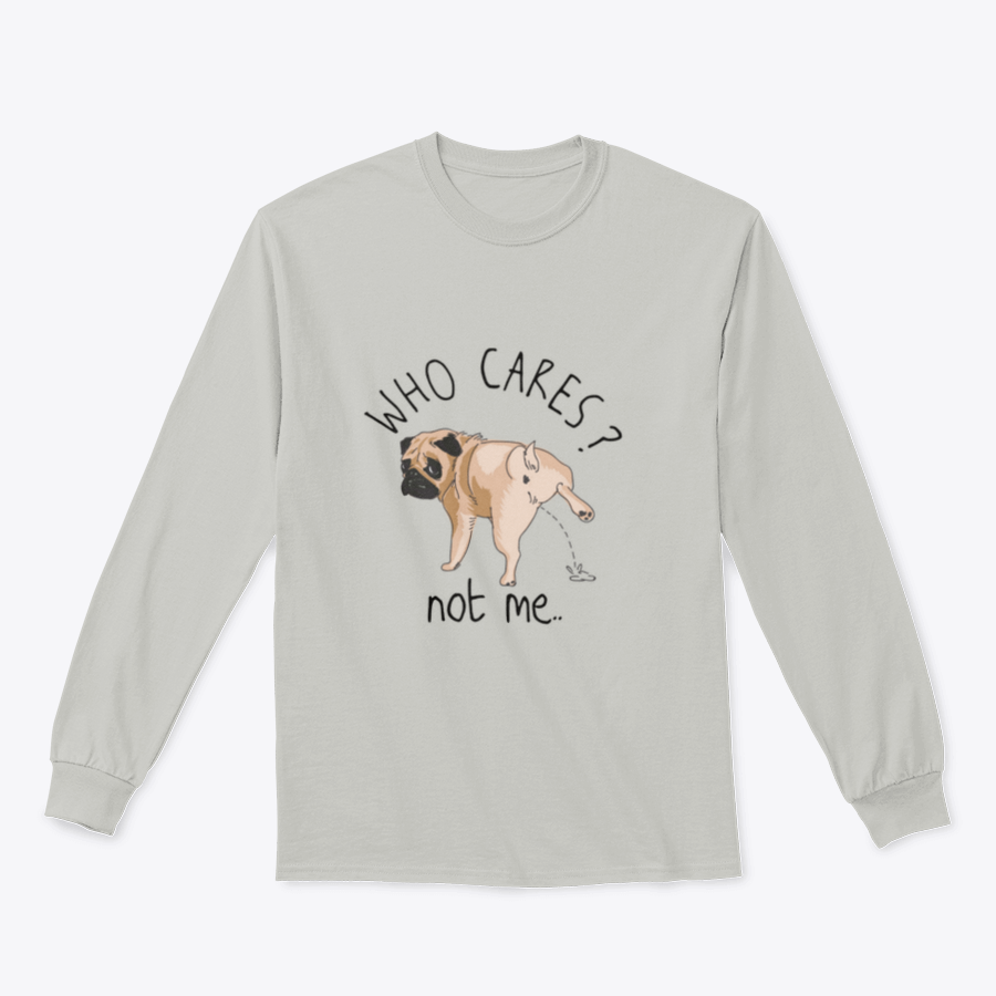 Who Cares Slogan T-shirt featuring a cartoon dog illustration peeing, showcasing a humorous design on a comfortable cotton fabric.
