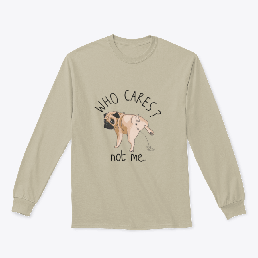 Who Cares Slogan T-shirt featuring a cartoon dog illustration peeing, showcasing a humorous design on a comfortable cotton fabric.