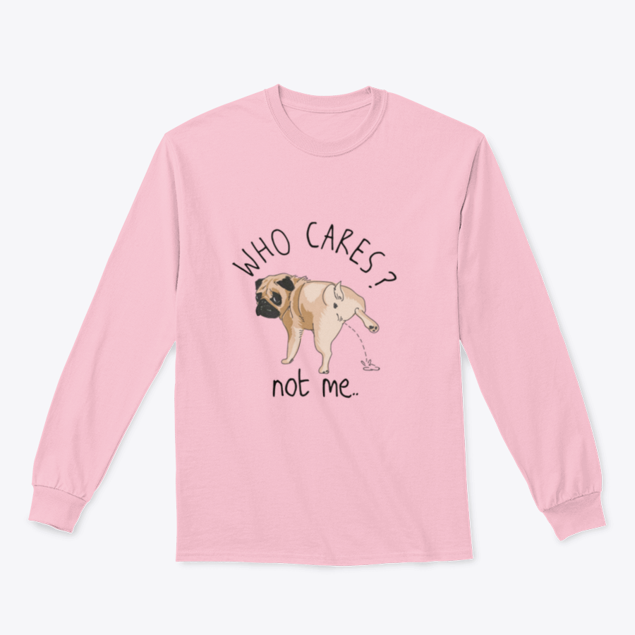 Who Cares Slogan T-shirt featuring a cartoon dog illustration peeing, showcasing a humorous design on a comfortable cotton fabric.