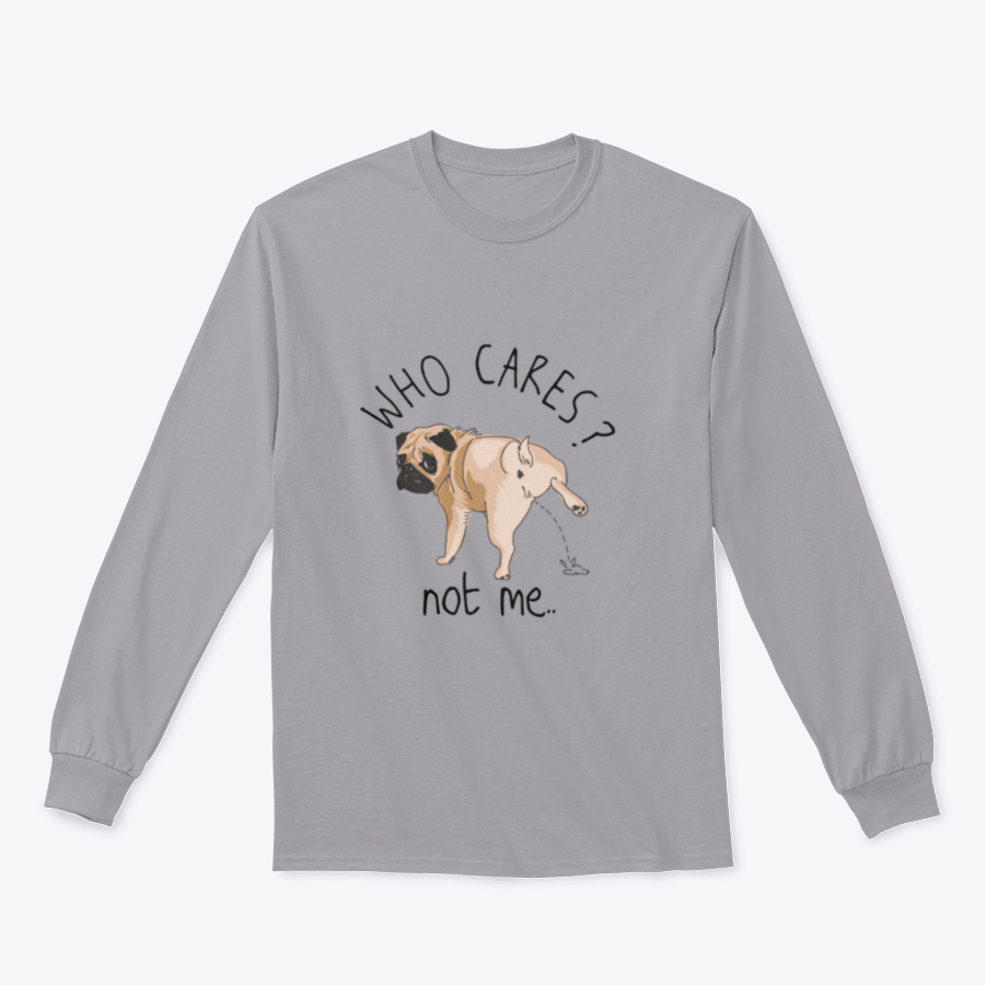 Who Cares Slogan T-shirt featuring a cartoon dog illustration peeing, showcasing a humorous design on a comfortable cotton fabric.
