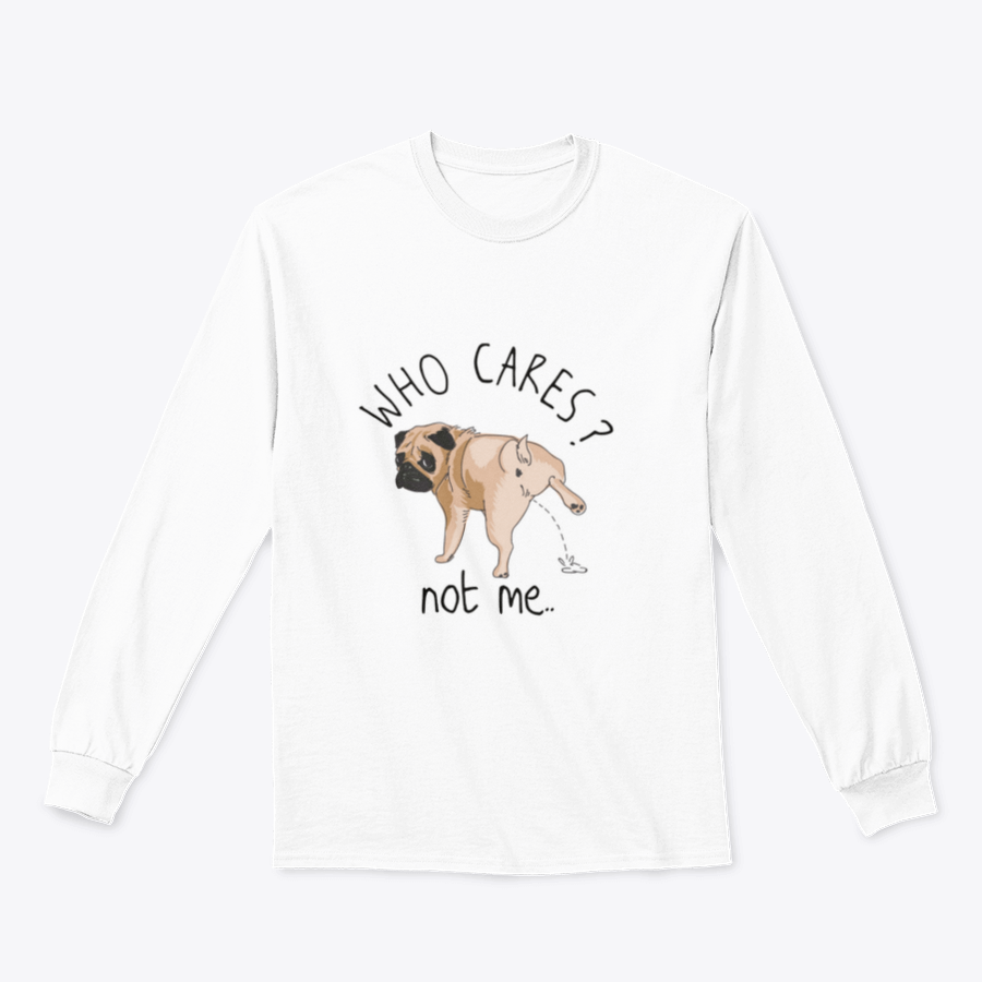 Who Cares Slogan T-shirt featuring a cartoon dog illustration peeing, showcasing a humorous design on a comfortable cotton fabric.