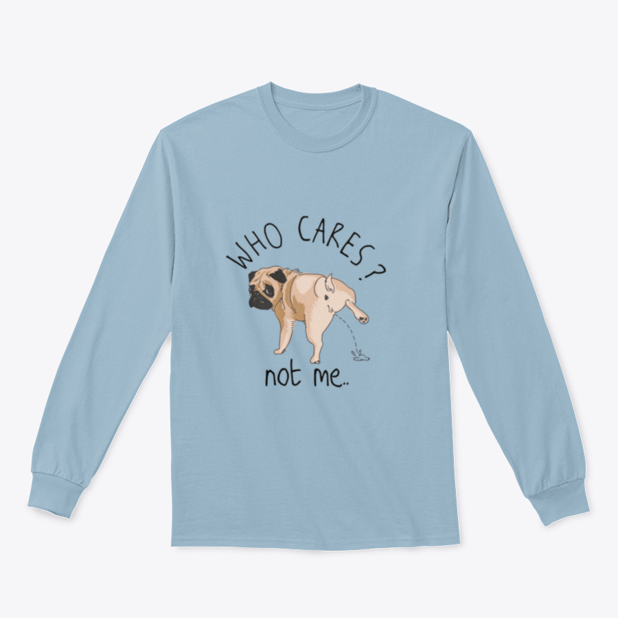 Who Cares Slogan T-shirt featuring a cartoon dog illustration peeing, showcasing a humorous design on a comfortable cotton fabric.