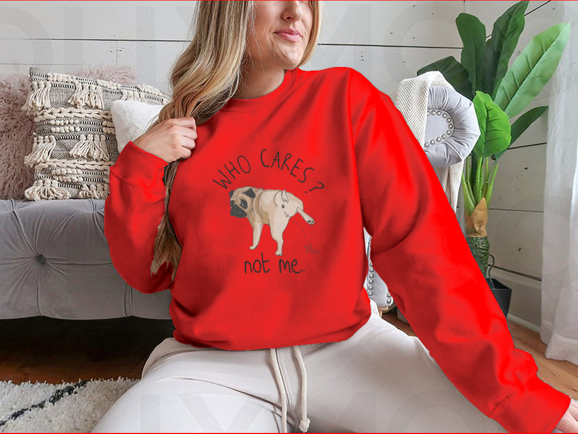 Who Cares Slogan T-shirt featuring a cartoon dog illustration peeing, showcasing a humorous design on a comfortable cotton fabric.