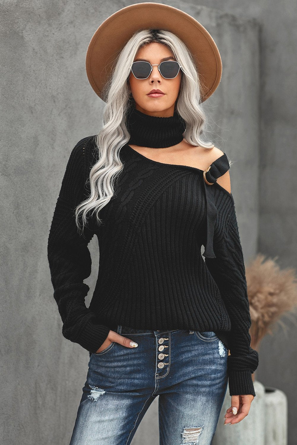 Winter Black Strapped Cut out Shoulder Turtleneck Sweater showcasing chic design and soft fabric, perfect for winter layering.