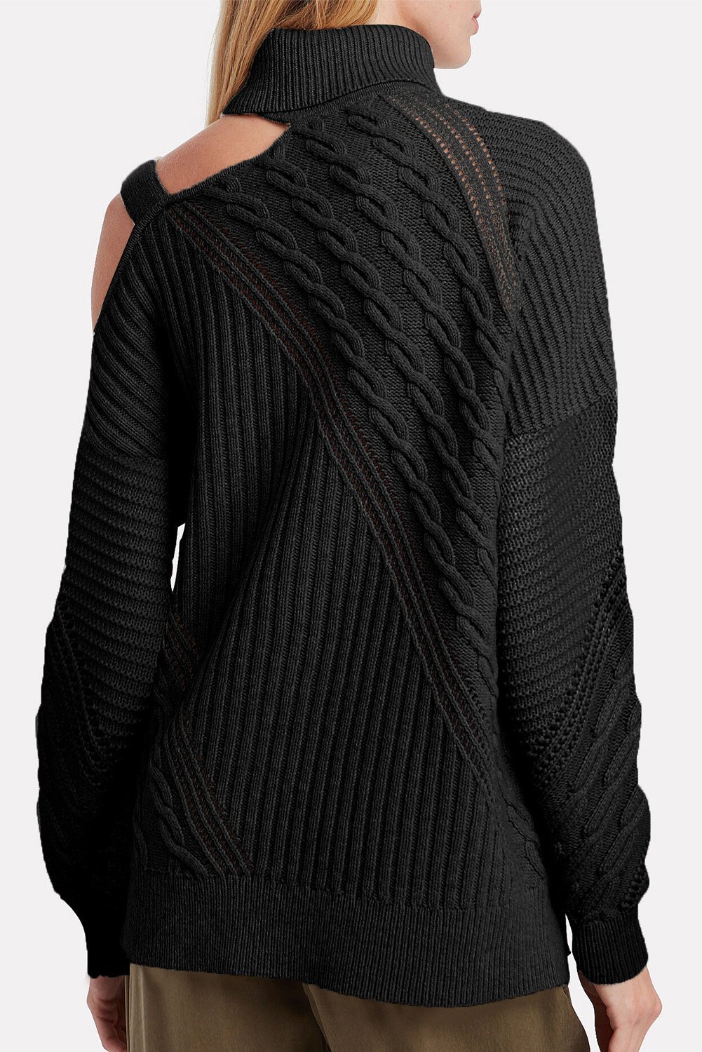 Winter Black Strapped Cut out Shoulder Turtleneck Sweater showcasing chic design and soft fabric, perfect for winter layering.