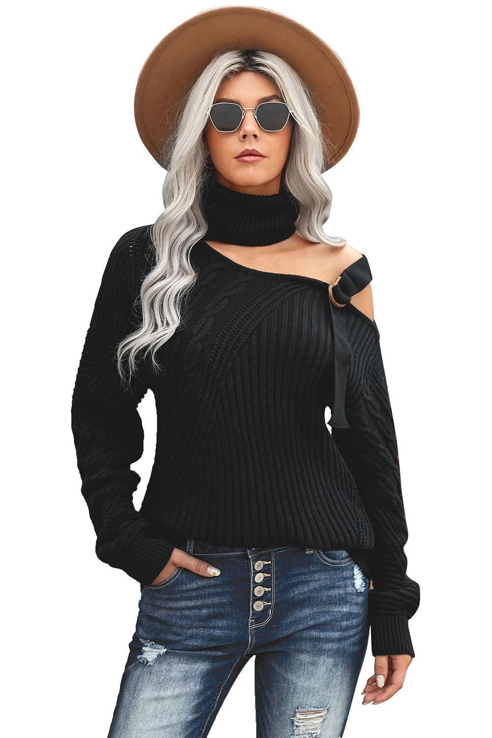 Winter Black Strapped Cut out Shoulder Turtleneck Sweater showcasing chic design and soft fabric, perfect for winter layering.
