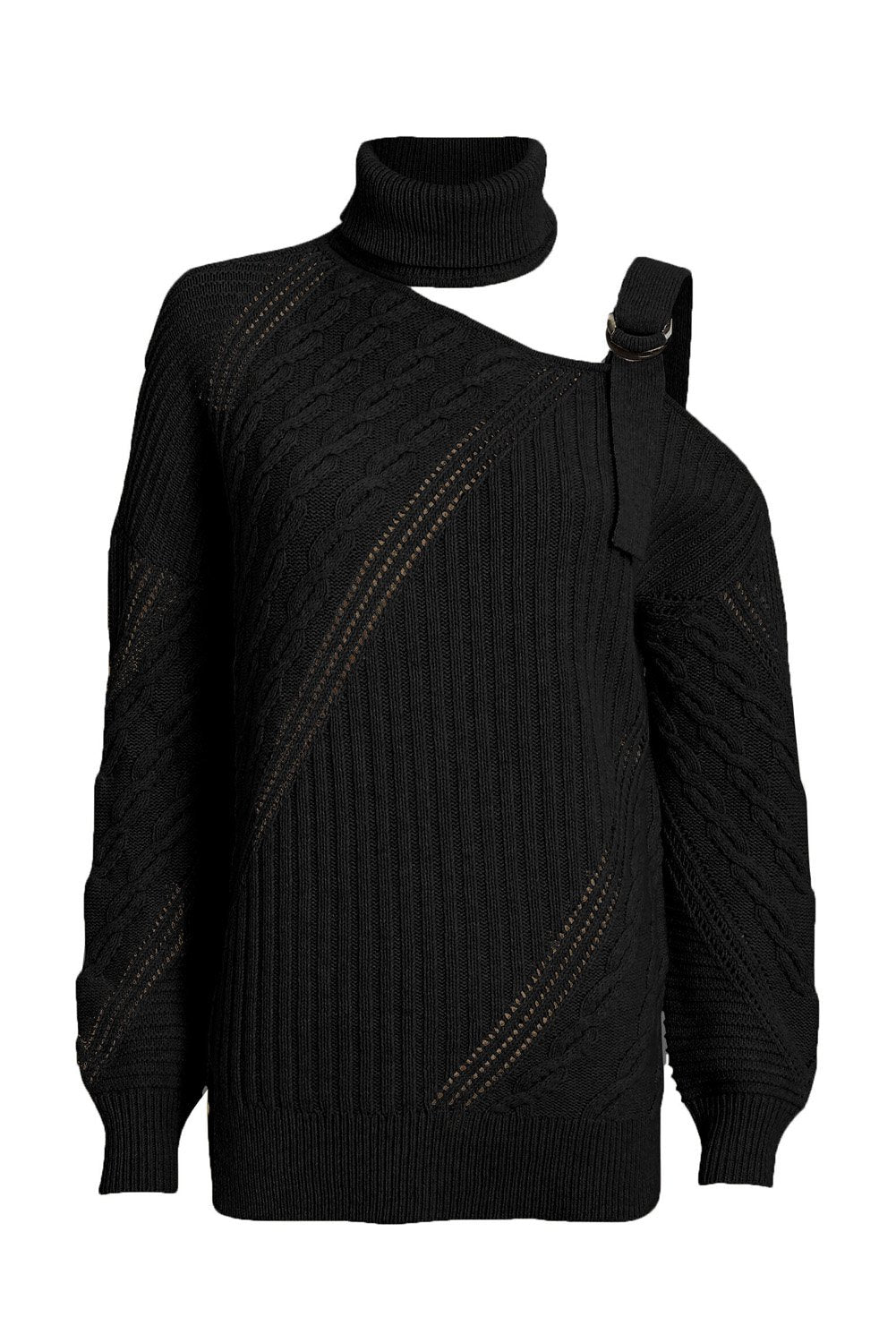 Winter Black Strapped Cut out Shoulder Turtleneck Sweater showcasing chic design and soft fabric, perfect for winter layering.