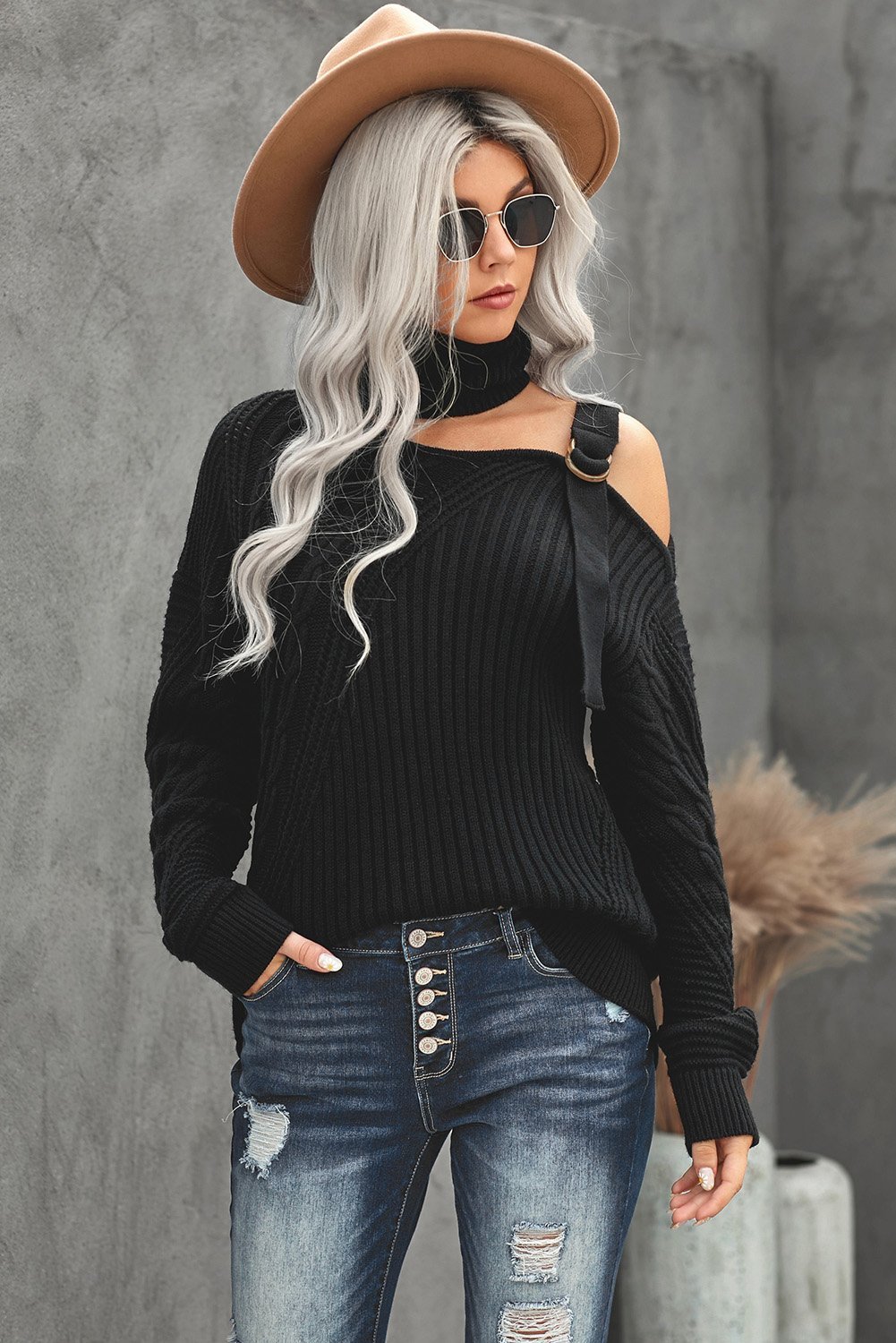 Winter Black Strapped Cut out Shoulder Turtleneck Sweater showcasing chic design and soft fabric, perfect for winter layering.