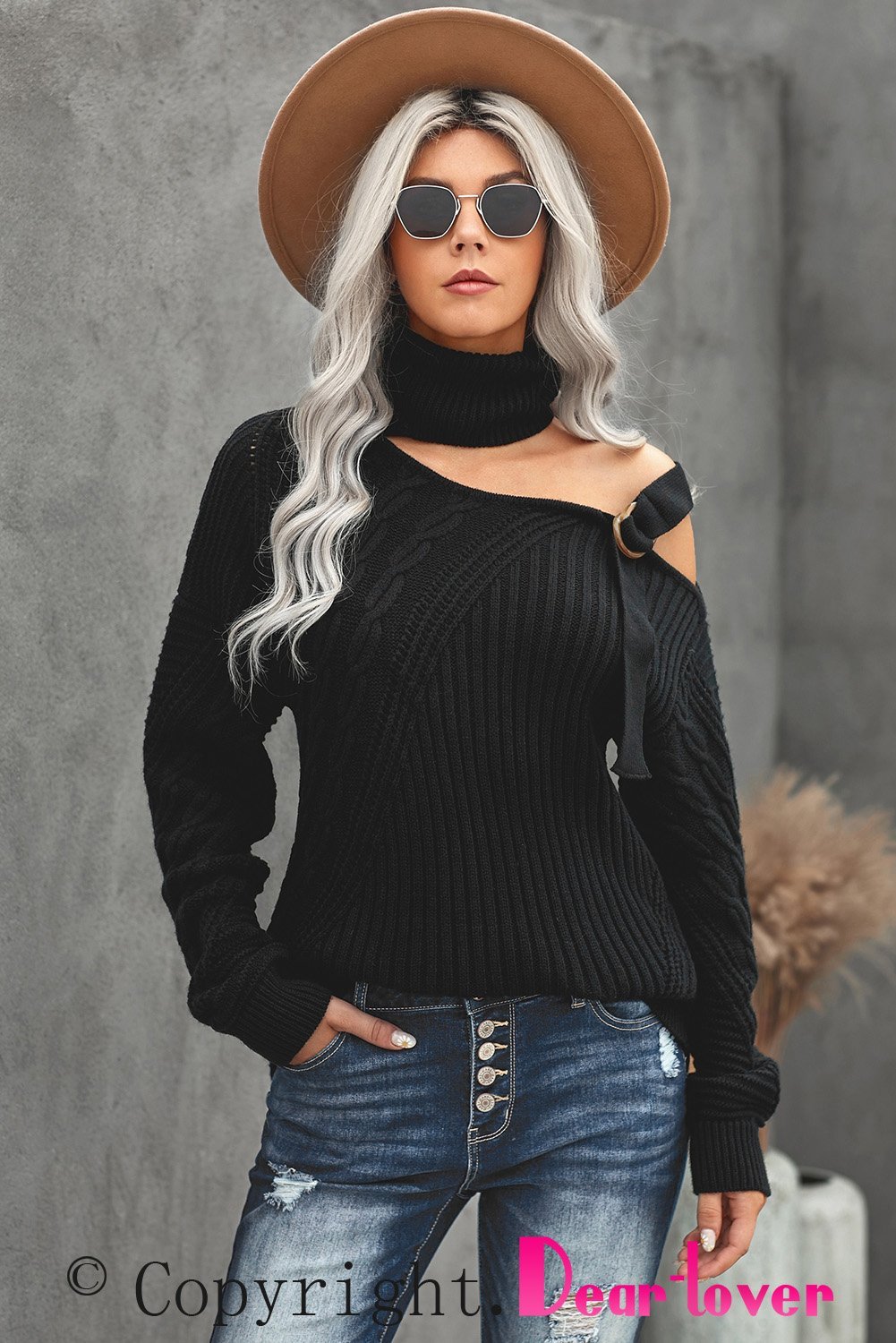 Winter Black Strapped Cut out Shoulder Turtleneck Sweater showcasing chic design and soft fabric, perfect for winter layering.