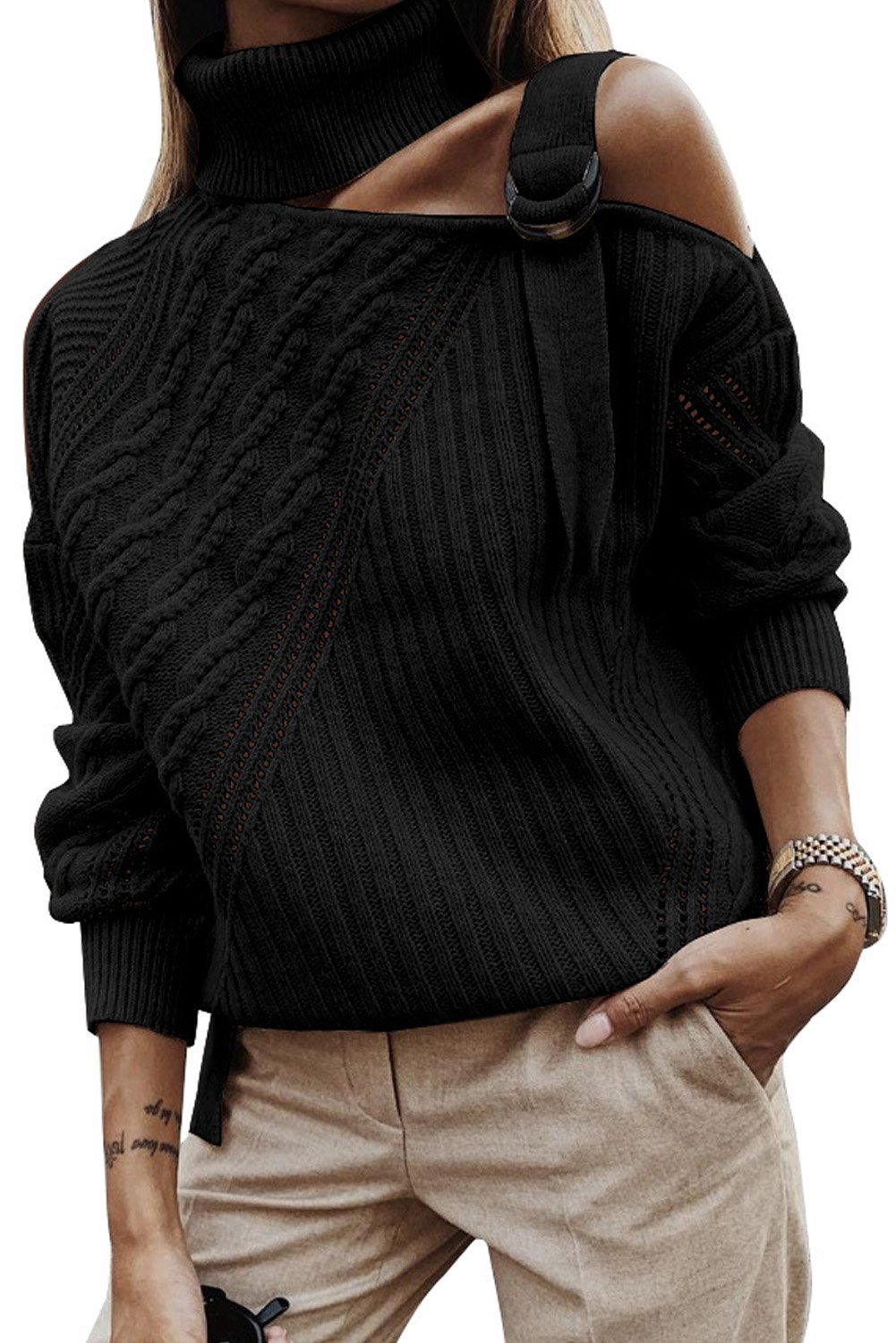 Winter Black Strapped Cut out Shoulder Turtleneck Sweater showcasing chic design and soft fabric, perfect for winter layering.