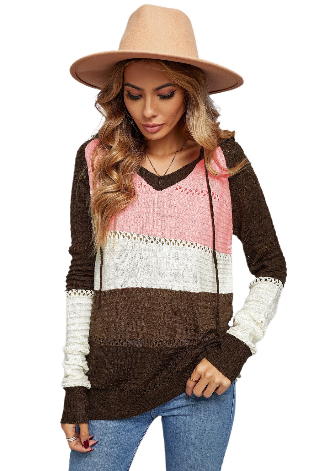 Women's Brown Beach Bonfire Knitted Hoodie displayed on a mannequin, showcasing its stylish design and cozy fabric.