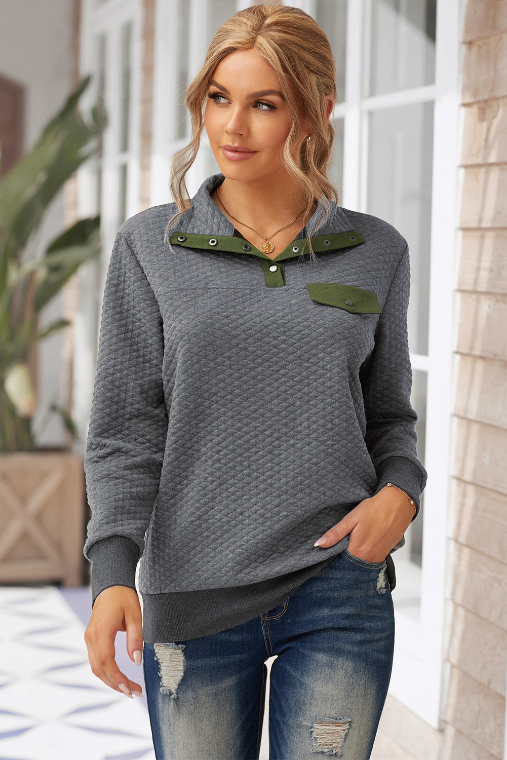 Women's Casual Dark Gray Quilted Snaps Stand Neck Sweatshirt featuring a stylish quilted design and fake front pocket.