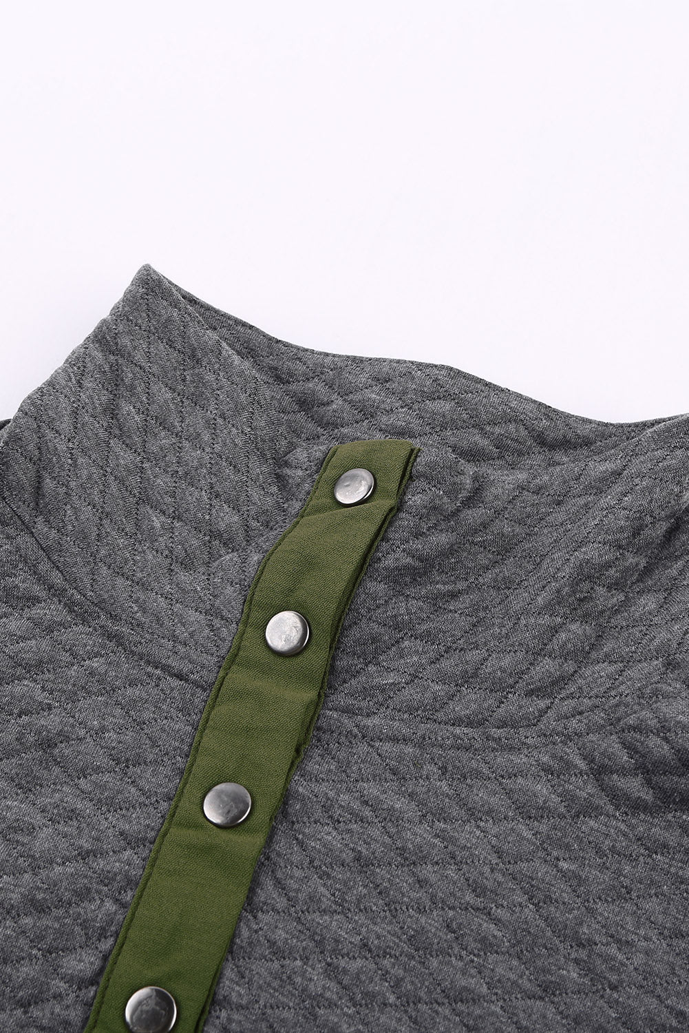 Women's Casual Dark Gray Quilted Snaps Stand Neck Sweatshirt featuring a stylish quilted design and fake front pocket.